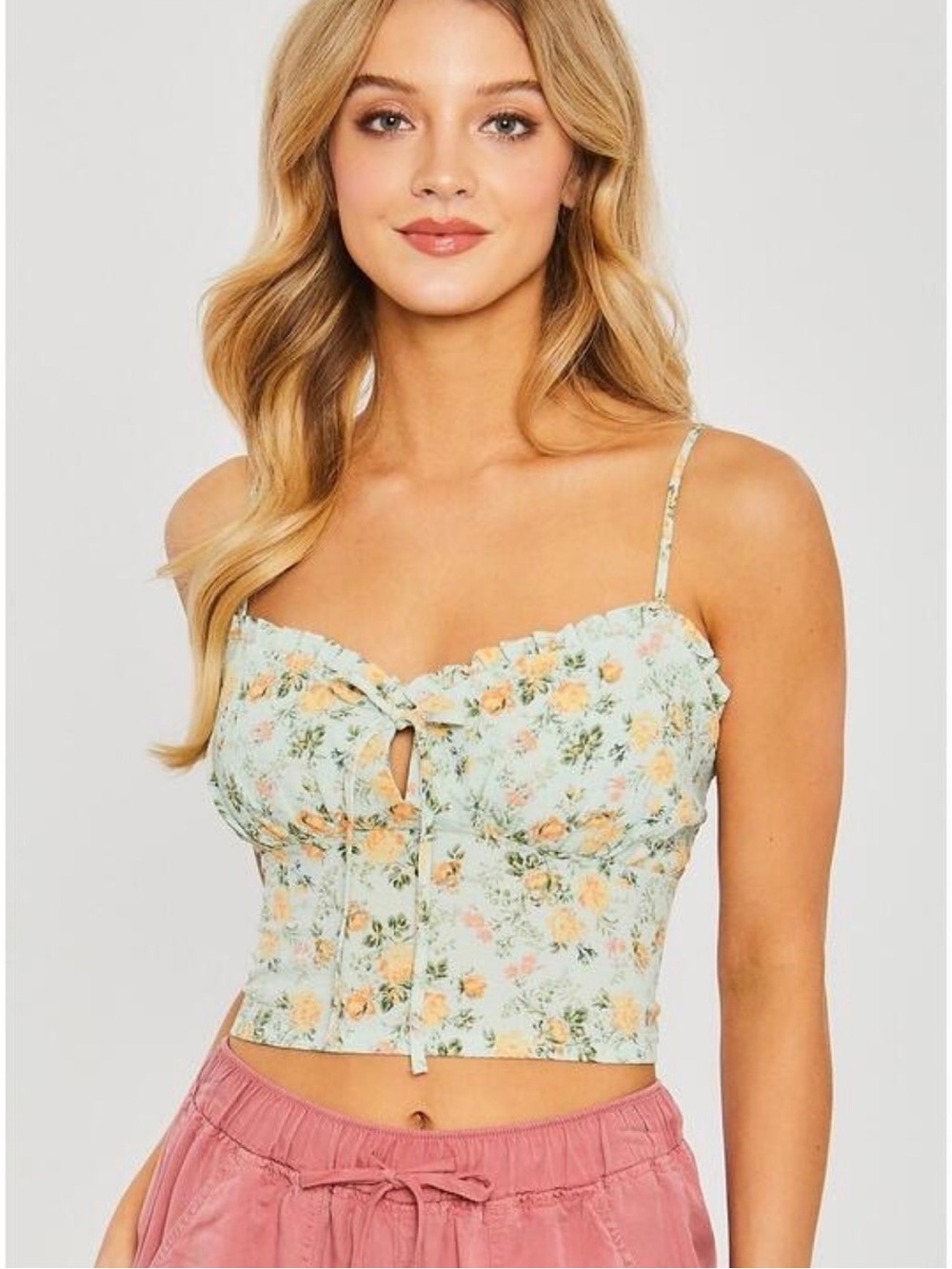 Floral Tie-Front Cropped Cami Top - Mint Floral